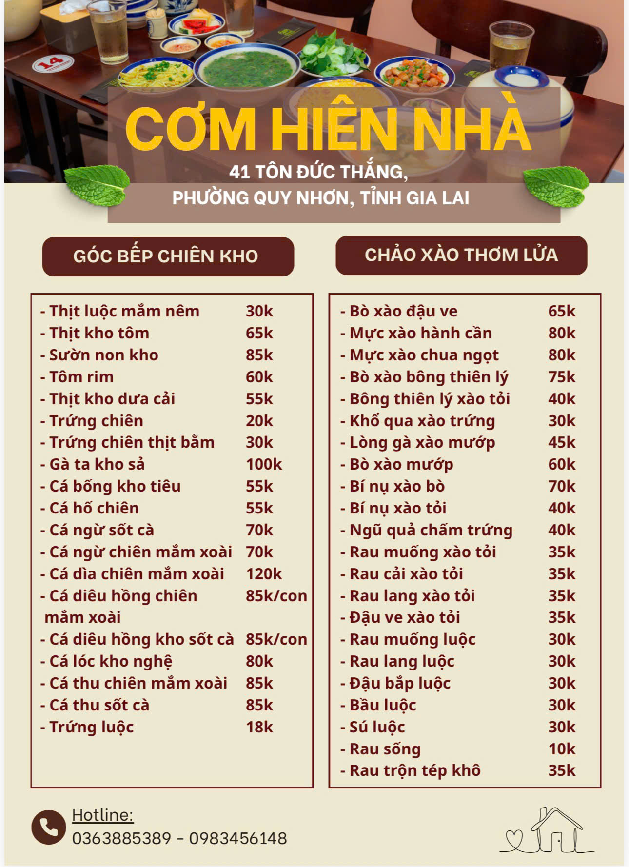 Menu chọn món Cơm Hiên Nhà 1